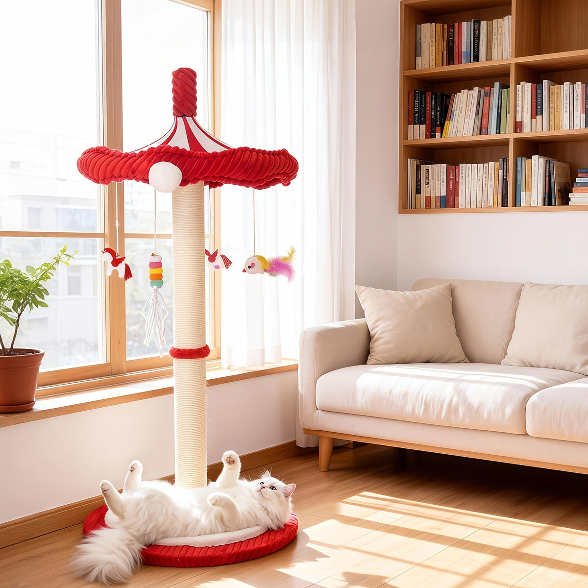 Large 39” Tall Carousel Cat Tree with Rotating Top & Hanging Toys - Multi-Level Cat Scratching Post Suitable for Indoor Cats, Adult Cats, Kittens, Space-Saving Vertical Climbing Tower for Modern Decor, Cat Furniture