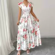 Summer Elegant Women's Floral Print V Neck Sleeveless Hoilday Beach Long Dress