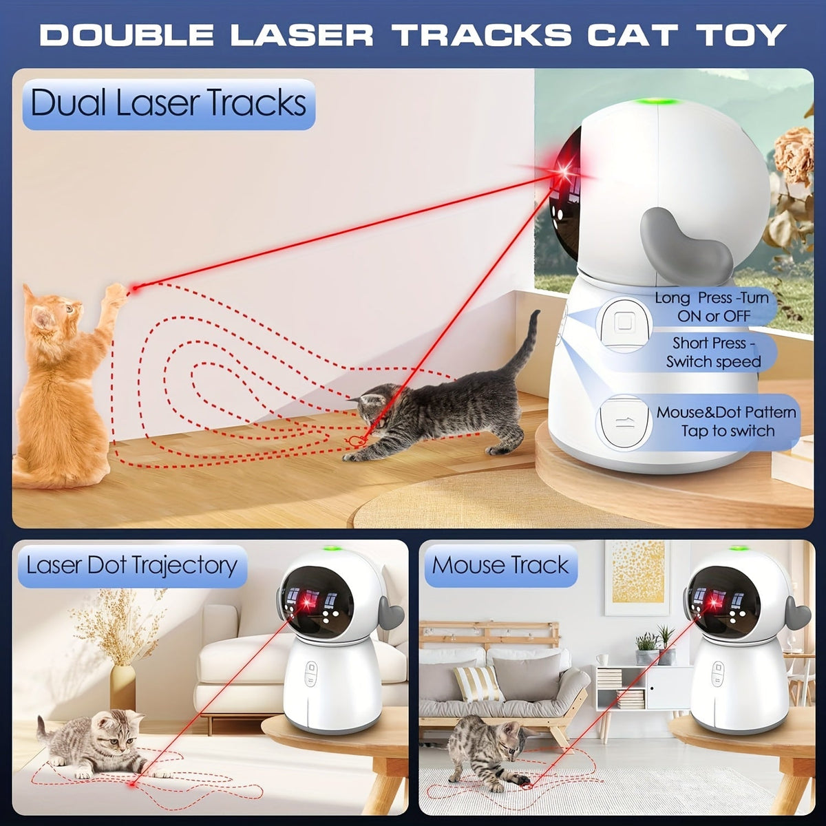 Rechargeable Interactive Cat Toy with Dual Laser Modes and Motion-Activated Fun for Bored Indoor Adult Cats