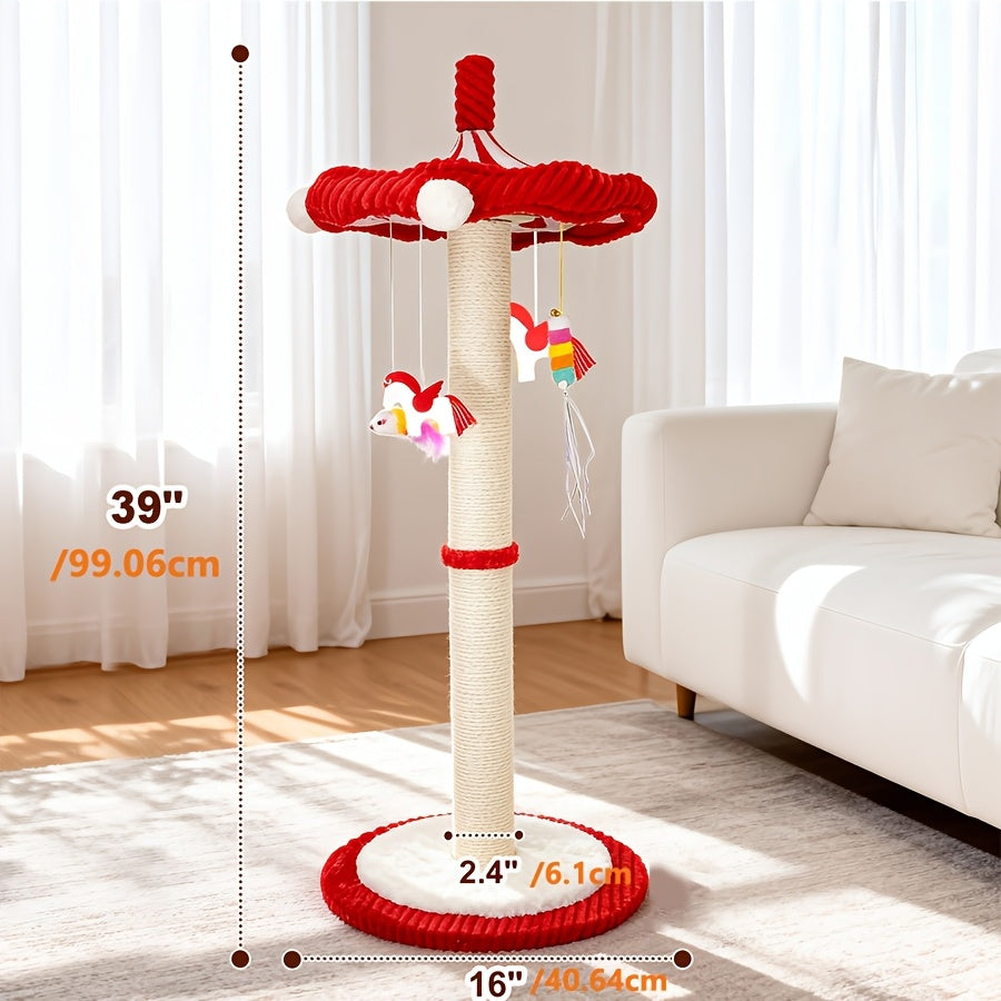 Large 39” Tall Carousel Cat Tree with Rotating Top & Hanging Toys - Multi-Level Cat Scratching Post Suitable for Indoor Cats, Adult Cats, Kittens, Space-Saving Vertical Climbing Tower for Modern Decor, Cat Furniture