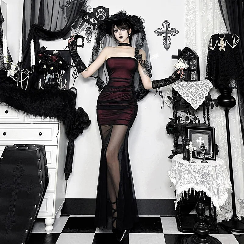 2026 New Dark Gothic Wine Red Strapless Mermaid Dress Mesh Patch Bodycon Wrap Hip Alt Party Maxi Dress