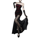 2026 New Dark Gothic Wine Red Strapless Mermaid Dress Mesh Patch Bodycon Wrap Hip Alt Party Maxi Dress