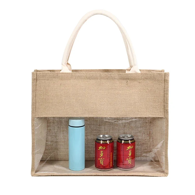 Custom Logo Natural Black Jute Bag Hessian Shopper Tote Bags With Strong Handles