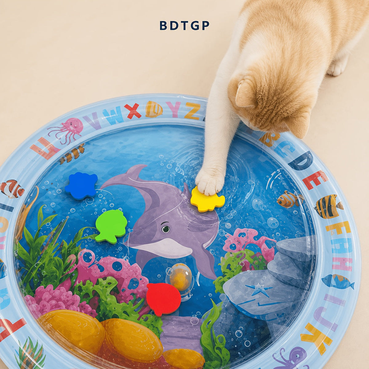[Pet Water Play Mat] BDTGP Pet Water Play Mat for Cats And Dogs, Inflatable Ocean-Themed Toy with Floating Shapes, Indoor And Shaded Outdoor Activity Mat, Without Battery