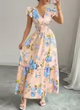 Summer Elegant Women's Floral Print V Neck Sleeveless Hoilday Beach Long Dress