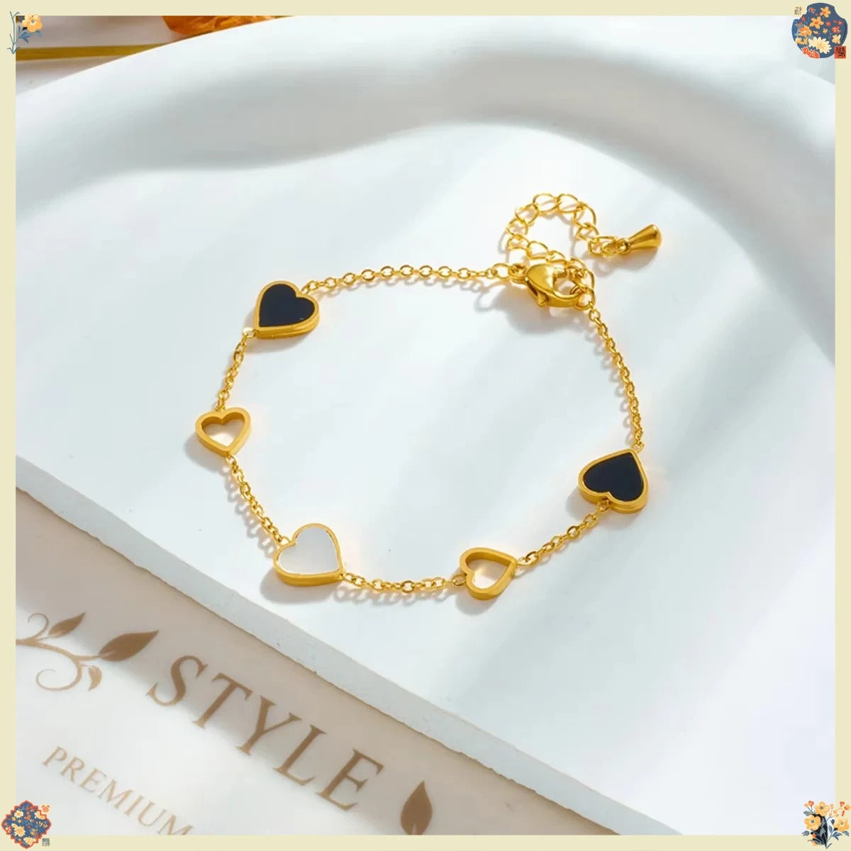 Vintage Black White Enamel Heart Charm BraceletHollow Heart Link Bracelet Elegant Wrist Jewelry for Women