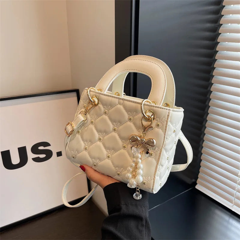 2026 New Arrival Women's Quilted Mini Handbag, Elegant Diamond Pattern Top Handle Bag with Pearl Bow Charm,