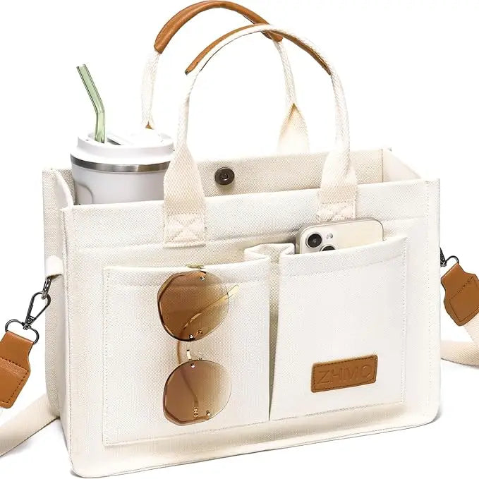 Cross-border Canvas Tote Bag Women Large Capacity Multiple Pockets Trendy Crossbody Bag Wide Shoulder Strap Magnetic Closure