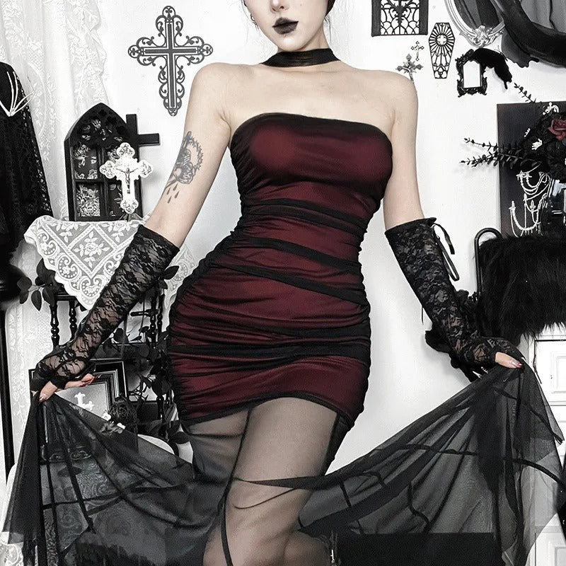 2026 New Dark Gothic Wine Red Strapless Mermaid Dress Mesh Patch Bodycon Wrap Hip Alt Party Maxi Dress