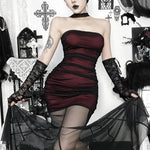 2026 New Dark Gothic Wine Red Strapless Mermaid Dress Mesh Patch Bodycon Wrap Hip Alt Party Maxi Dress