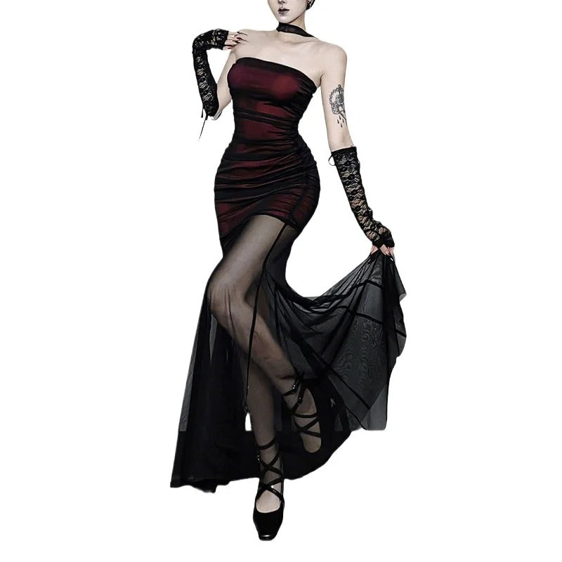 2026 New Dark Gothic Wine Red Strapless Mermaid Dress Mesh Patch Bodycon Wrap Hip Alt Party Maxi Dress