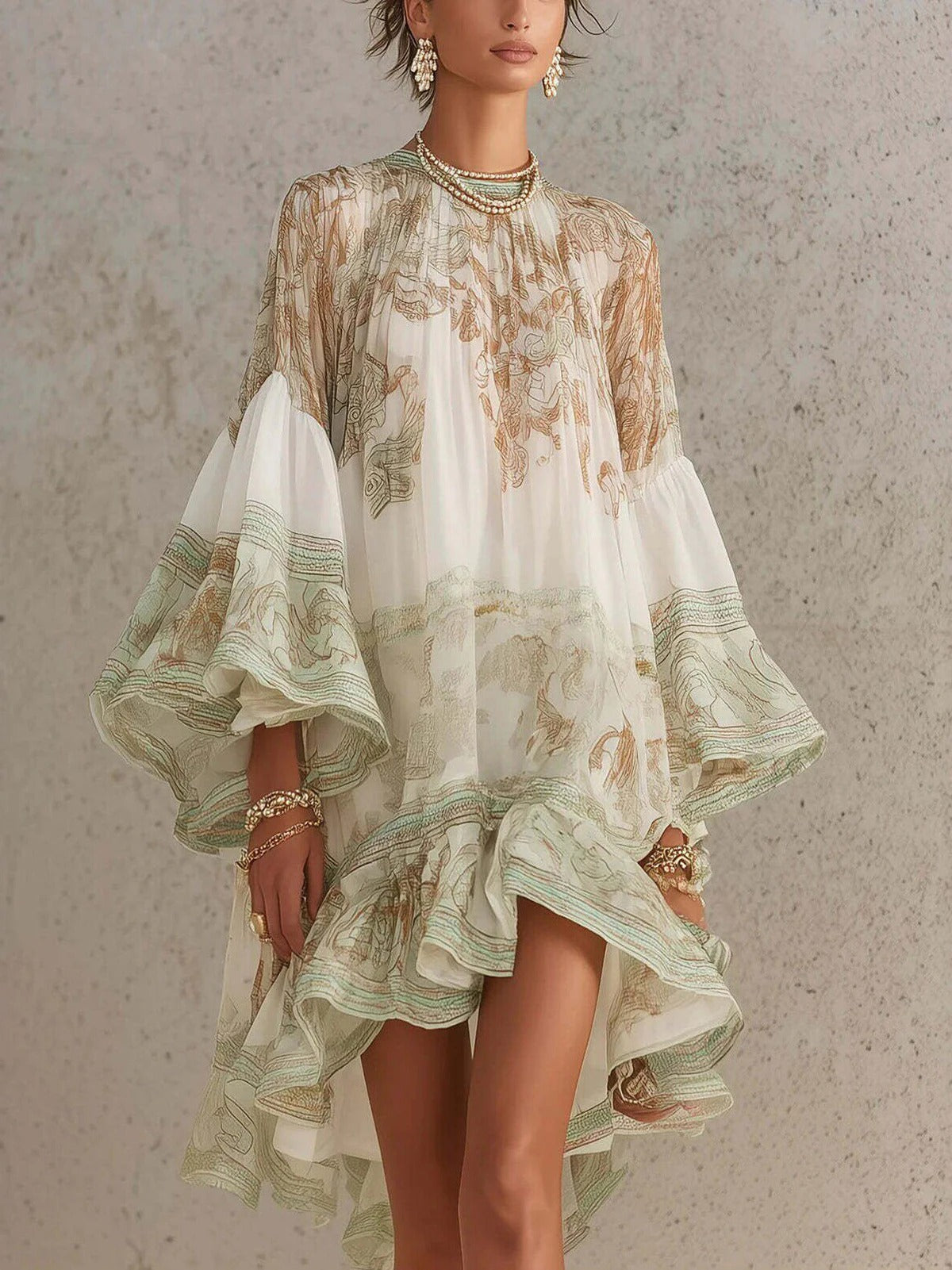 Vintage Floral Print Chiffon Mini Dress Elegant Flare Sleeve Crew Neck Ruffle Loose Beach Dress Irregular Hem Chic Boho Vestidos