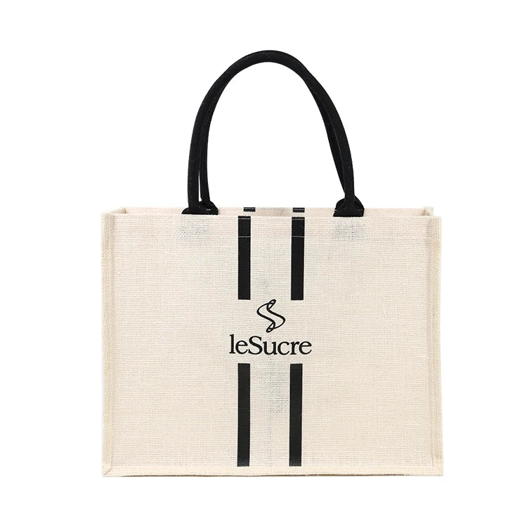 Custom Logo Natural Black Jute Bag Hessian Shopper Tote Bags With Strong Handles